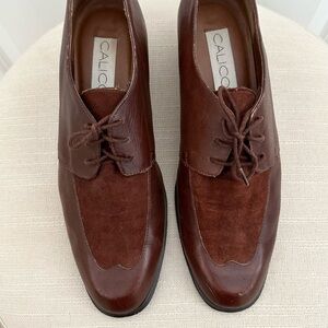 Vintage Calico Brown Suede & Leather Heeled Loafer Shoes